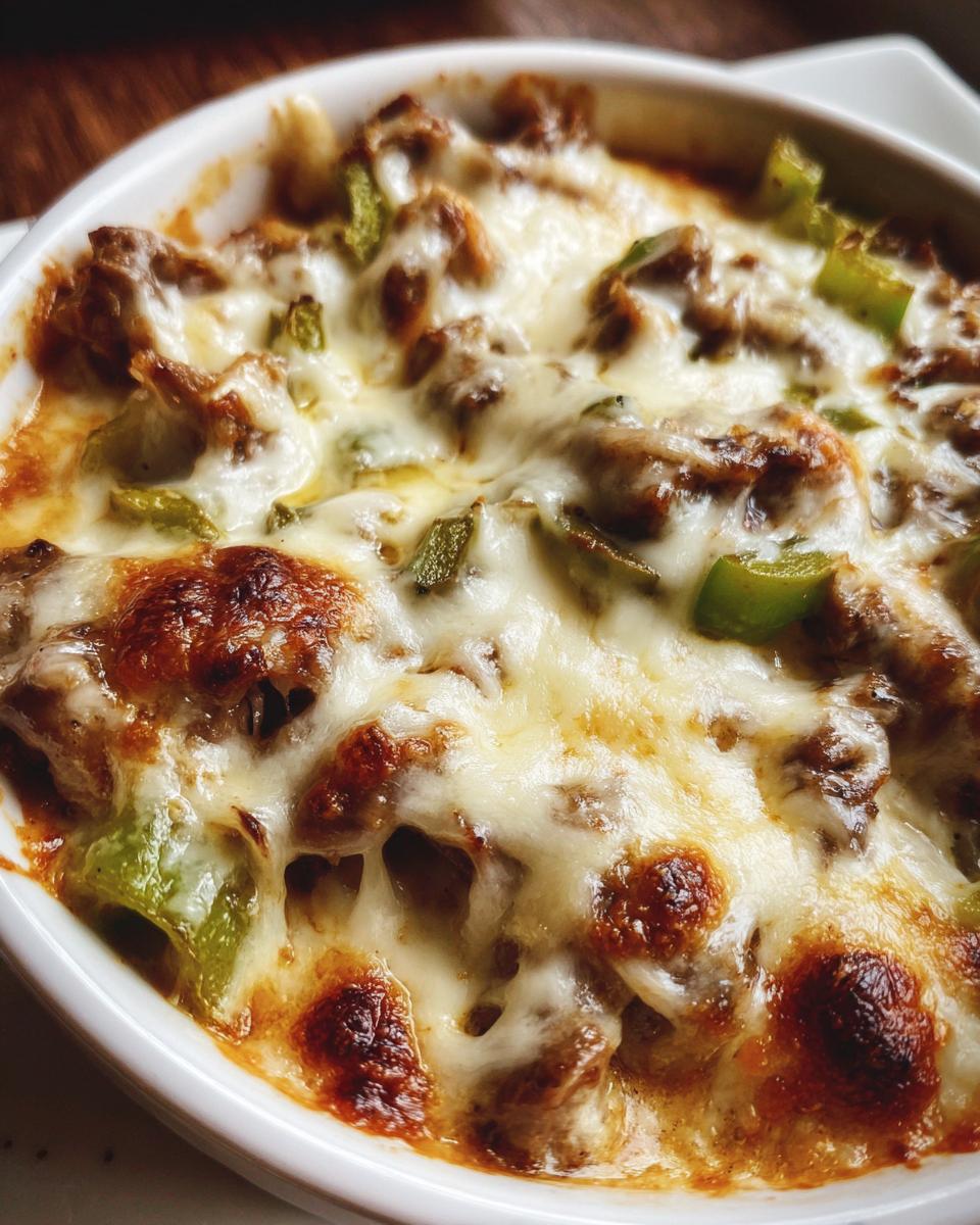 Close-up of a serving of philly cheese steak soup topped with melted, bubbly, and slightly browned cheese and green peppers.
