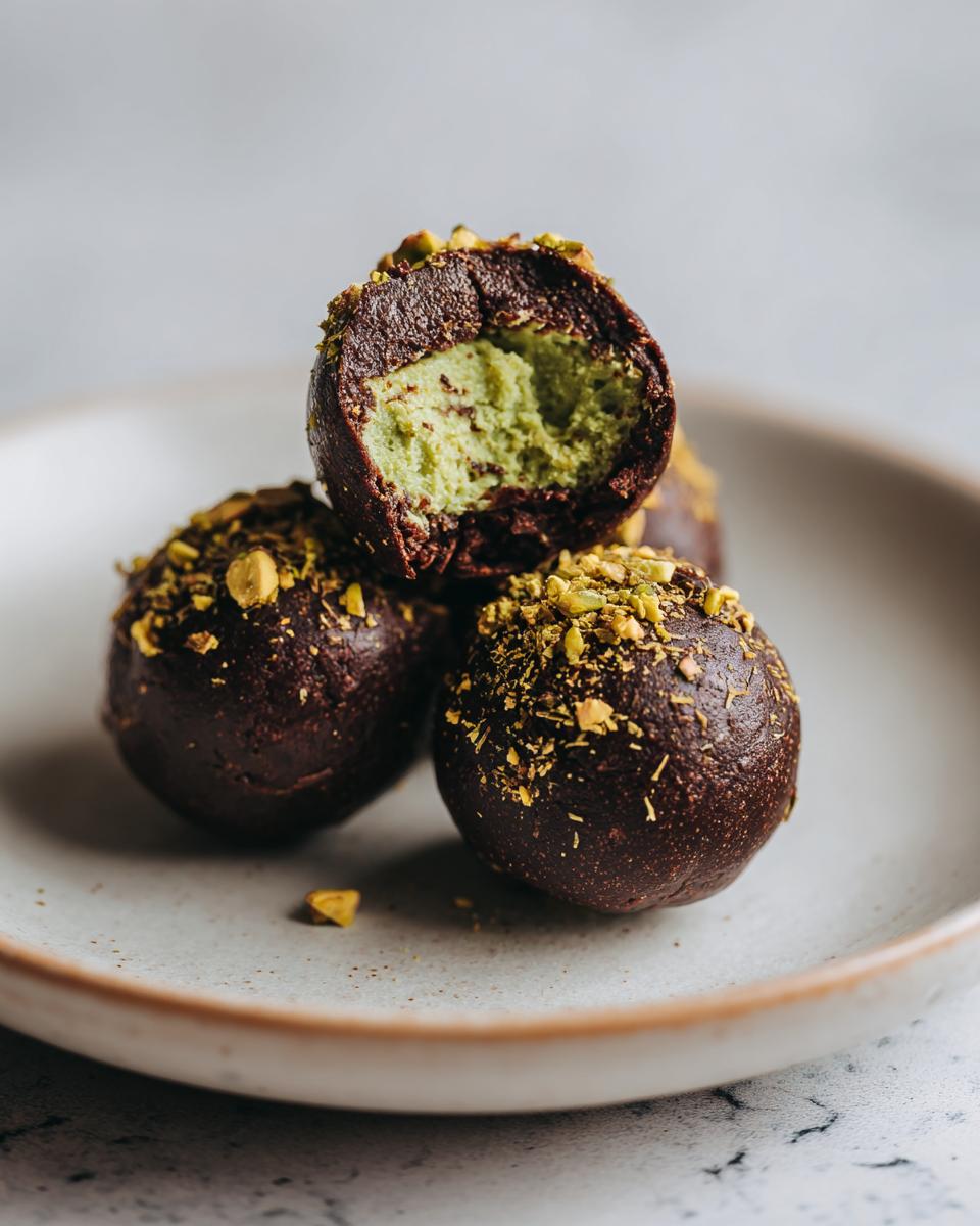 Close-up of three rich, dark chocolate balls, one cut open revealing a bright green pistachio filling, dusted with chopped nuts.