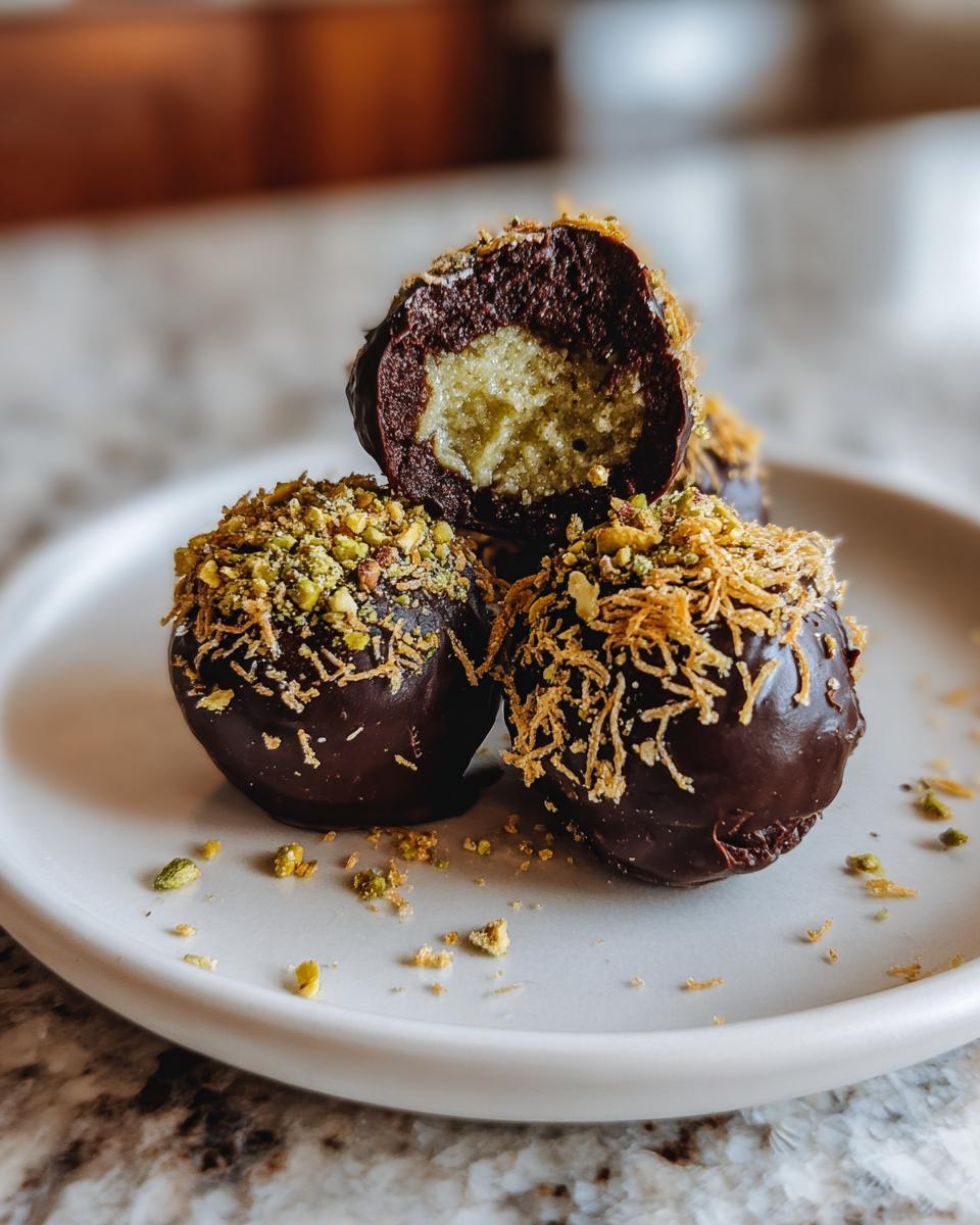 A stack of rich, dark chocolate dubai chocolate balls topped with shredded pastry and crushed pistachios, one cut open revealing a creamy filling.