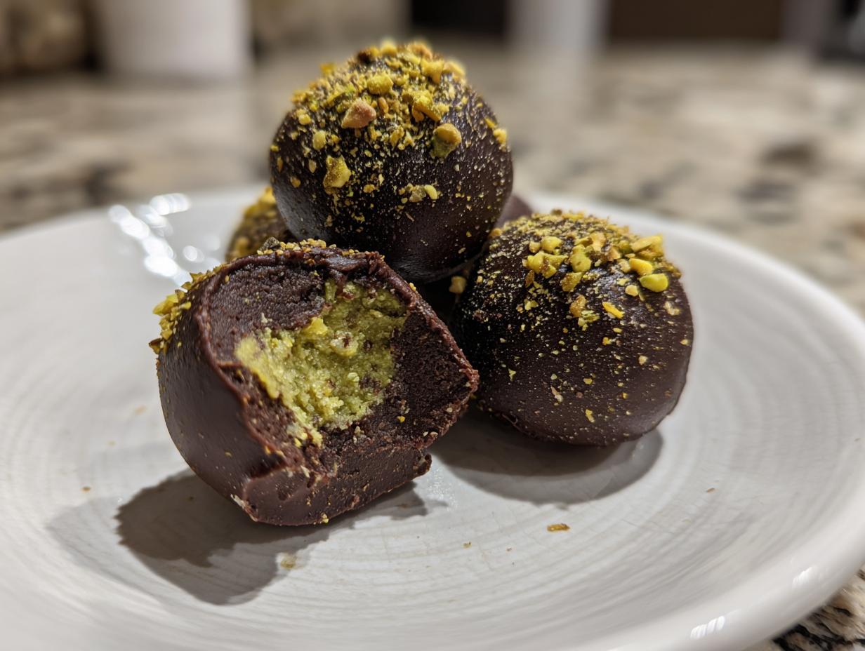 Close-up of rich, dark chocolate dubai chocolate balls topped with crushed pistachios, one cut open showing a bright green filling.