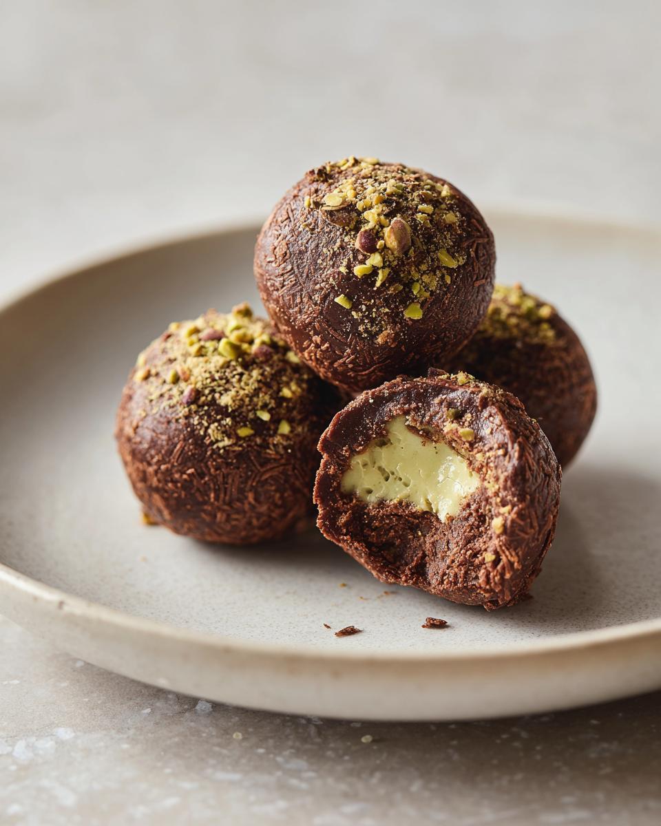 A stack of rich, dark chocolate dubai chocolate balls topped with crushed pistachios, one bitten open to show a creamy light green filling.