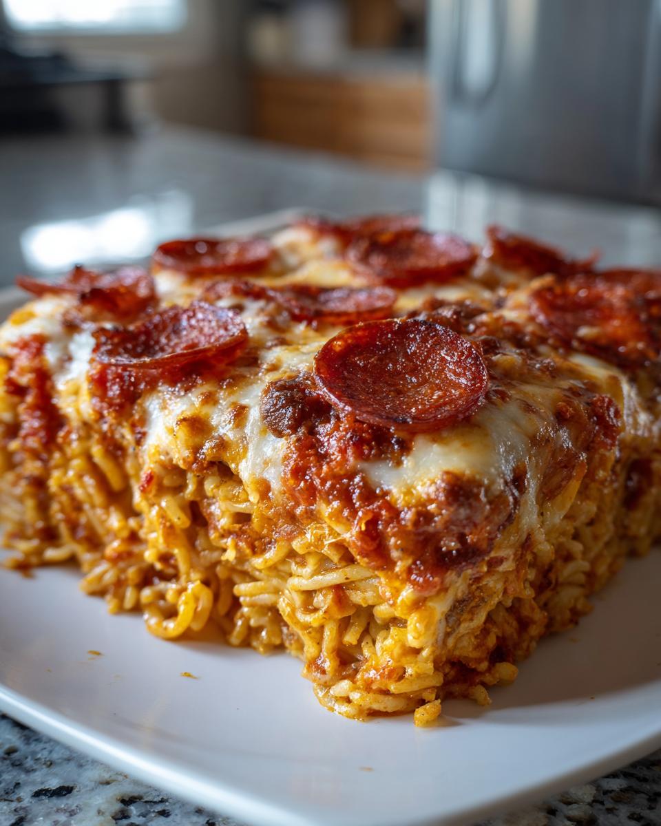 A square serving of baked pizza pasta casserole topped with melted cheese and pepperoni slices.