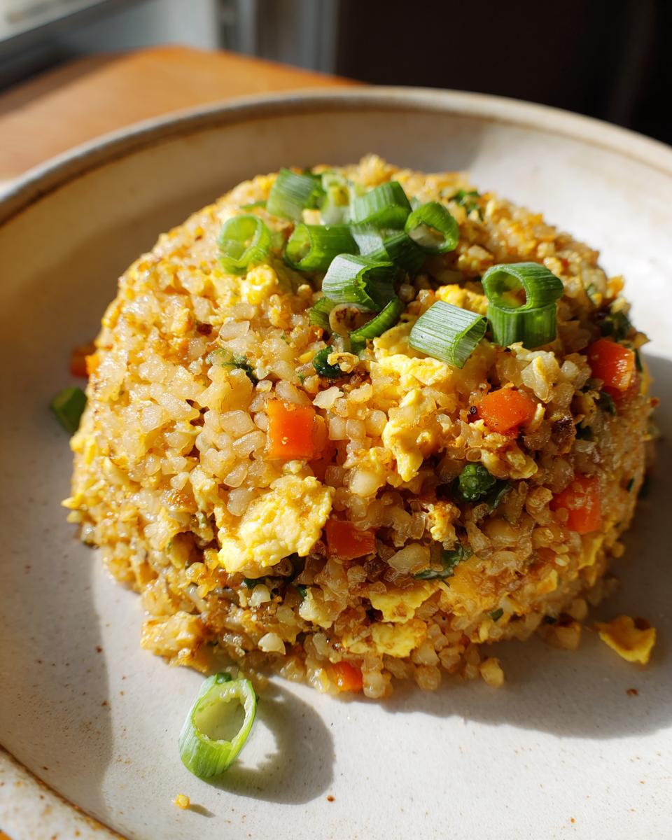 A mound of golden cauliflower fried rice mixed with egg and carrots, topped with fresh green onions.