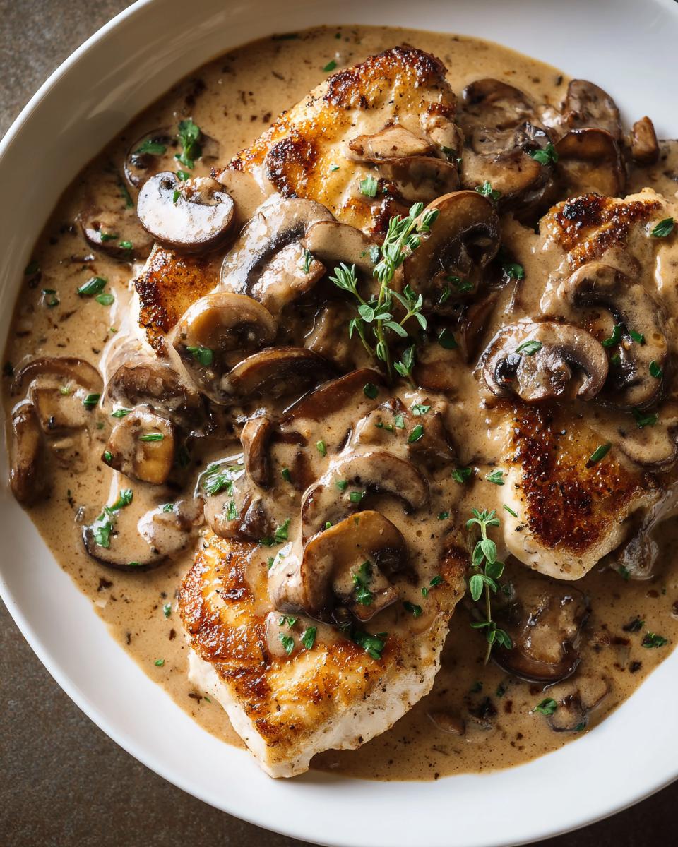 Close-up of golden-brown chicken marsala fillets smothered in a rich, creamy mushroom sauce and garnished with fresh thyme.