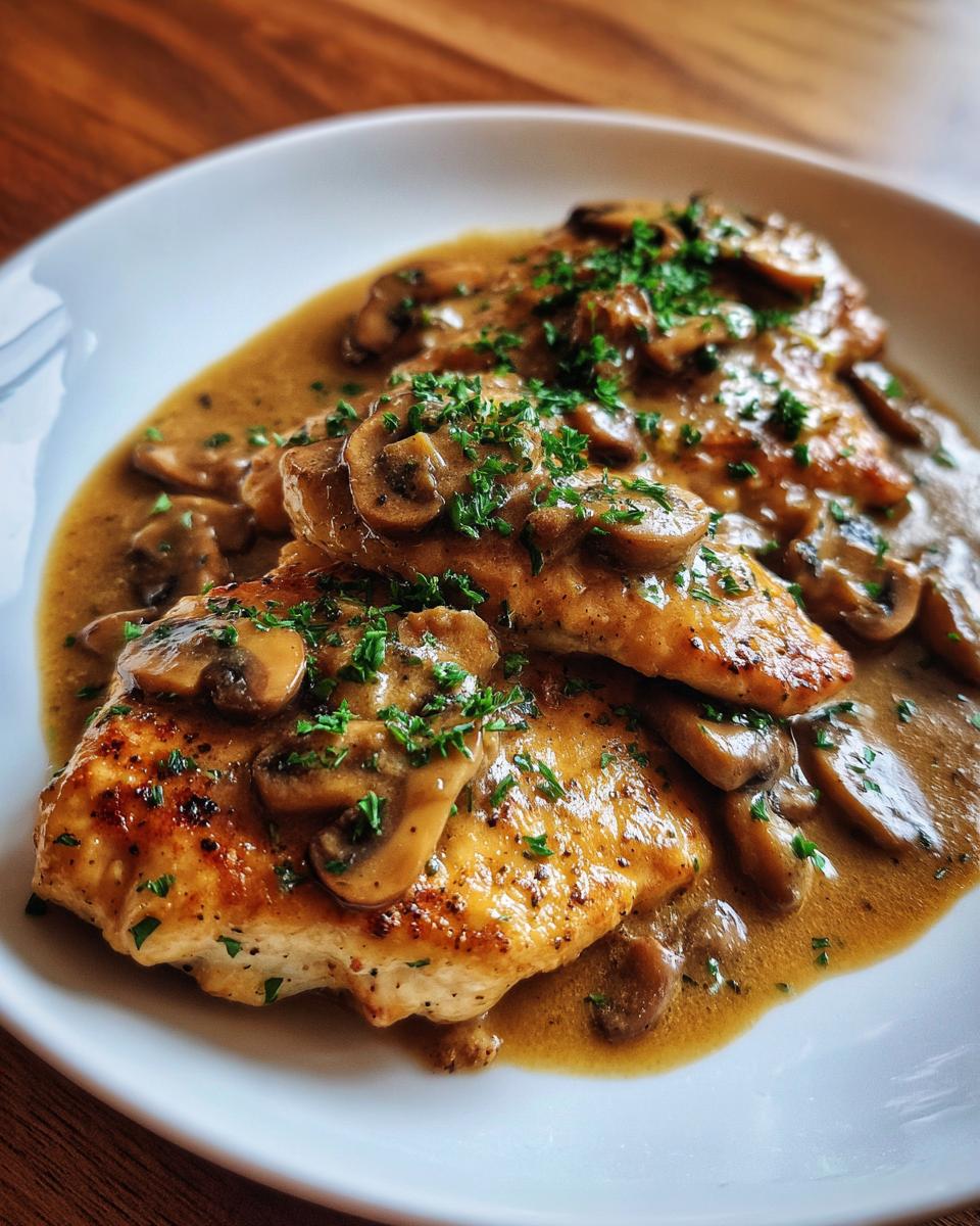 Close-up of golden brown chicken marsala breasts covered in rich mushroom sauce and fresh parsley.
