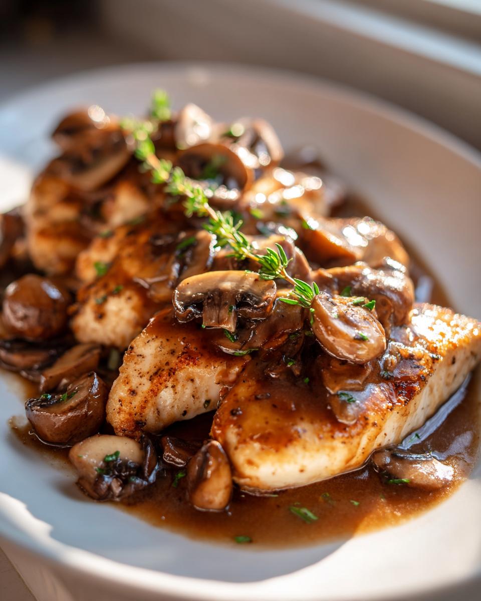 Close-up of pan-seared chicken breasts covered in a rich brown sauce and sliced mushrooms, garnished with thyme for chicken marsala.