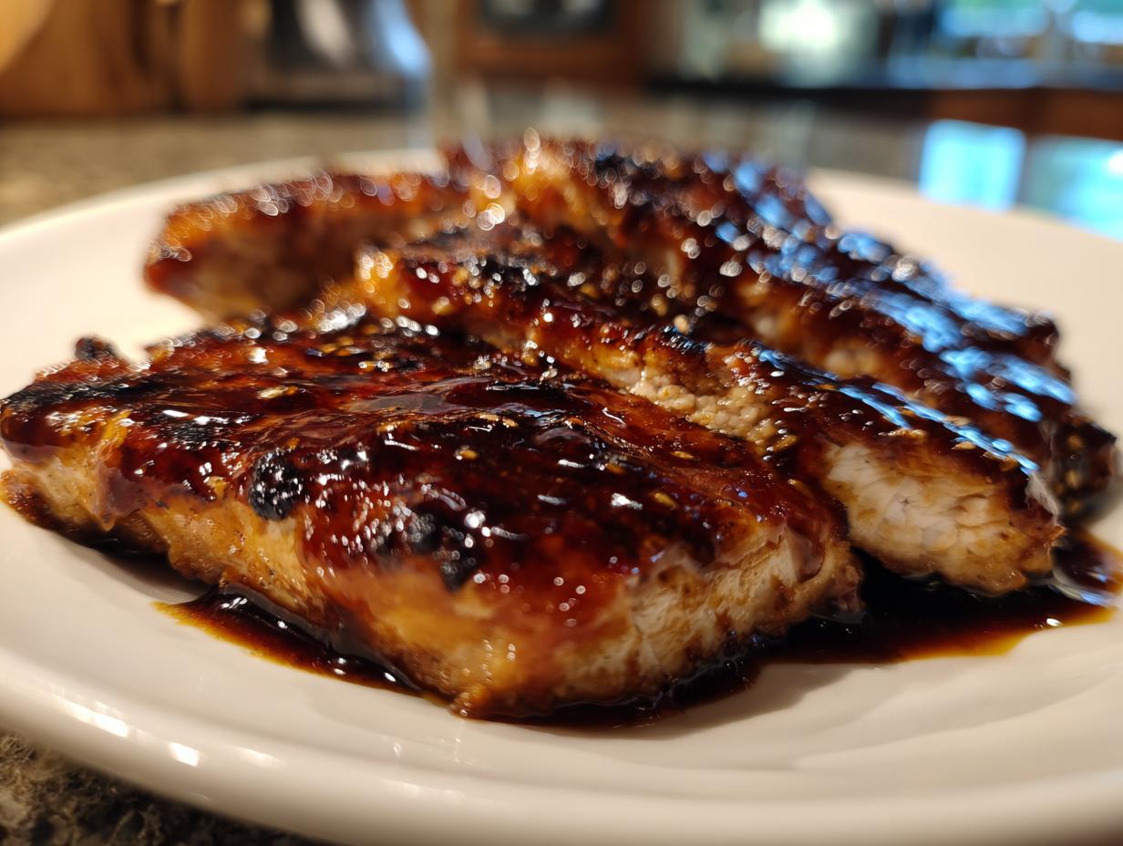 Close-up of sliced, grilled pork chops generously coated in glossy homemade teriyaki sauce and sesame seeds.