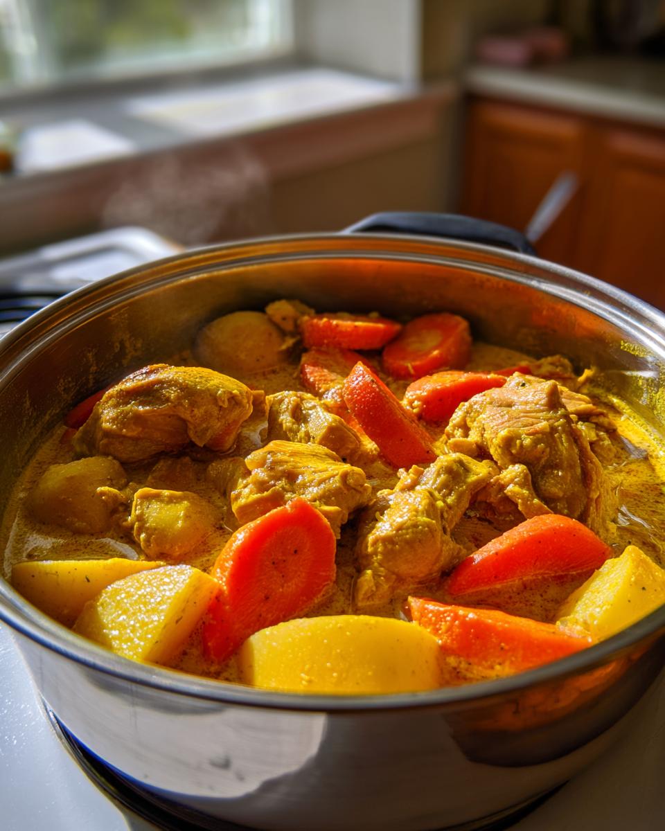 Close-up of a stainless steel pot filled with simmering Jamaican curry chicken, potatoes, and bright orange carrots.