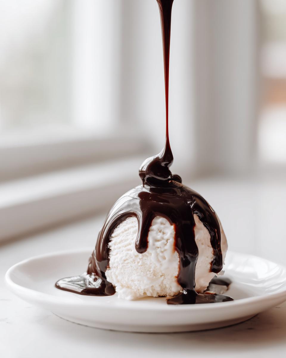 A stream of thick, homemade chocolate syrup is being poured over a scoop of vanilla ice cream.