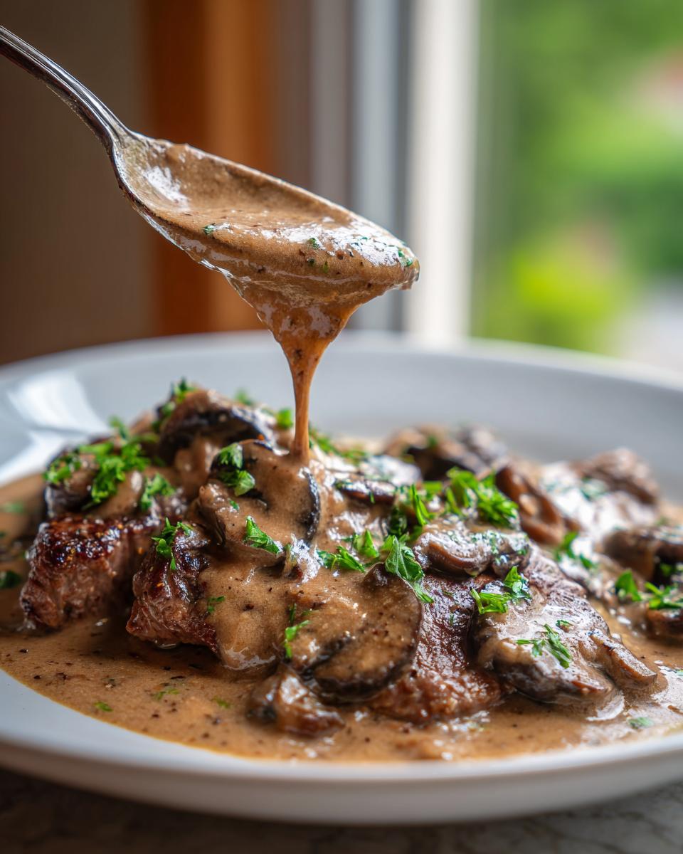 A spoonful of rich, creamy mushroom sauce is being poured over seared steak and sliced mushrooms.