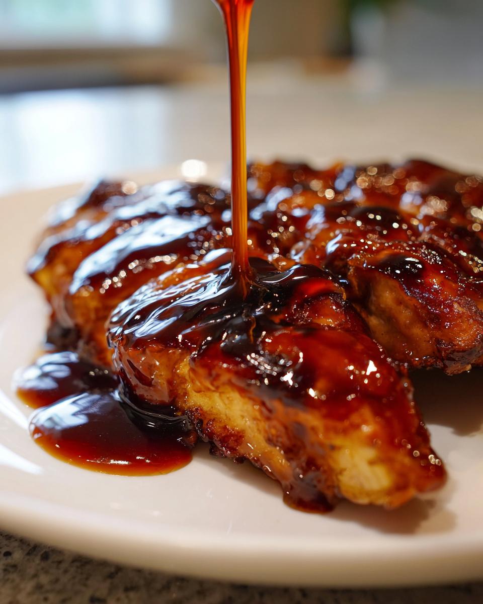 Thick, glossy homemade teriyaki sauce being poured over cooked, glazed chicken pieces on a white plate.