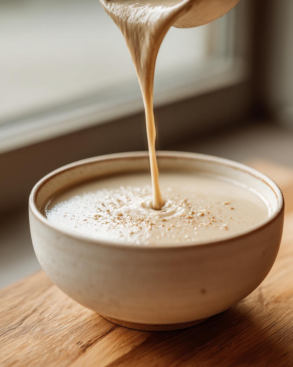 Close-up of thick, creamy roasted cauliflower soup being poured from a ladle into a light-colored bowl, sprinkled with spices.