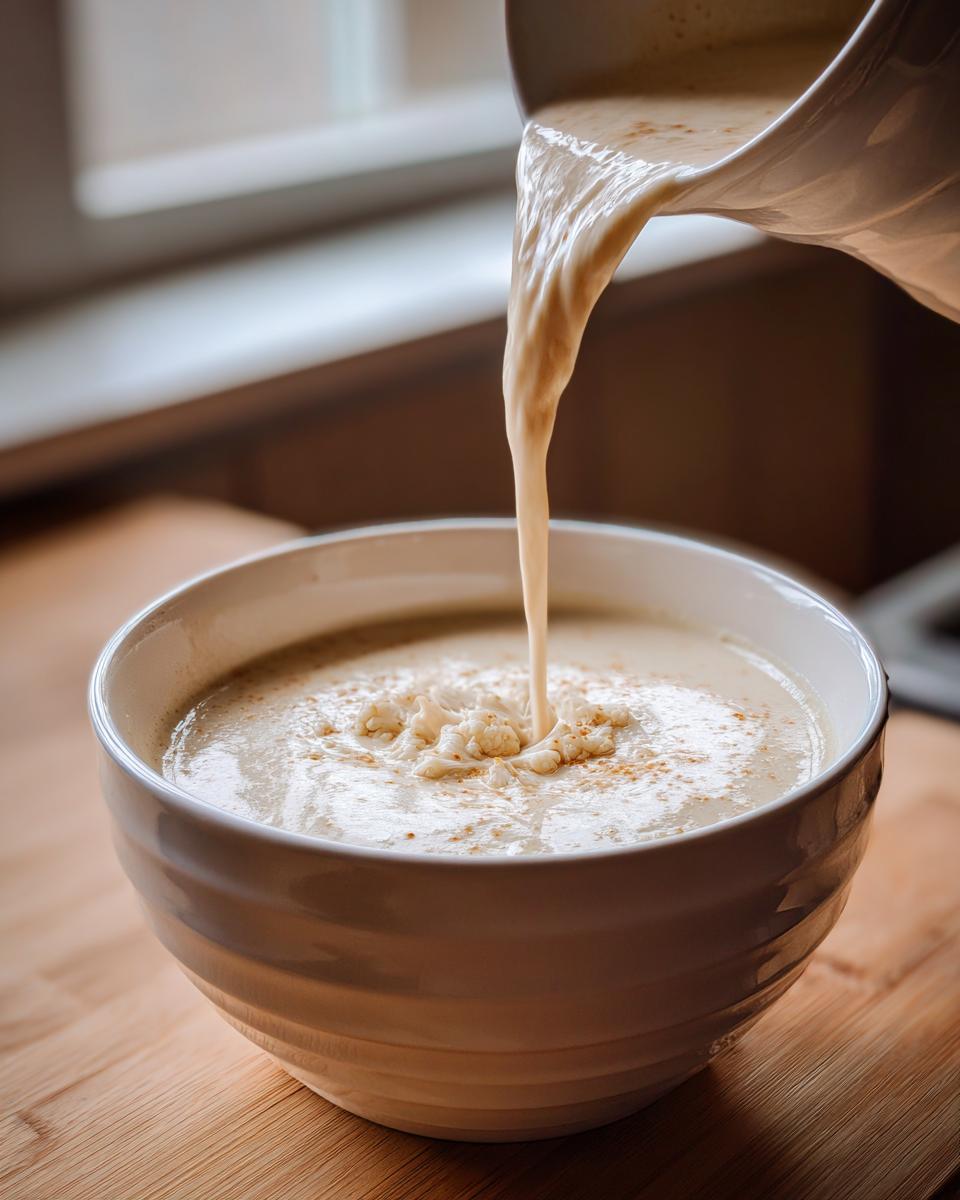 Close-up of creamy roasted cauliflower soup being poured from a white pitcher into a bowl, garnished with spices.