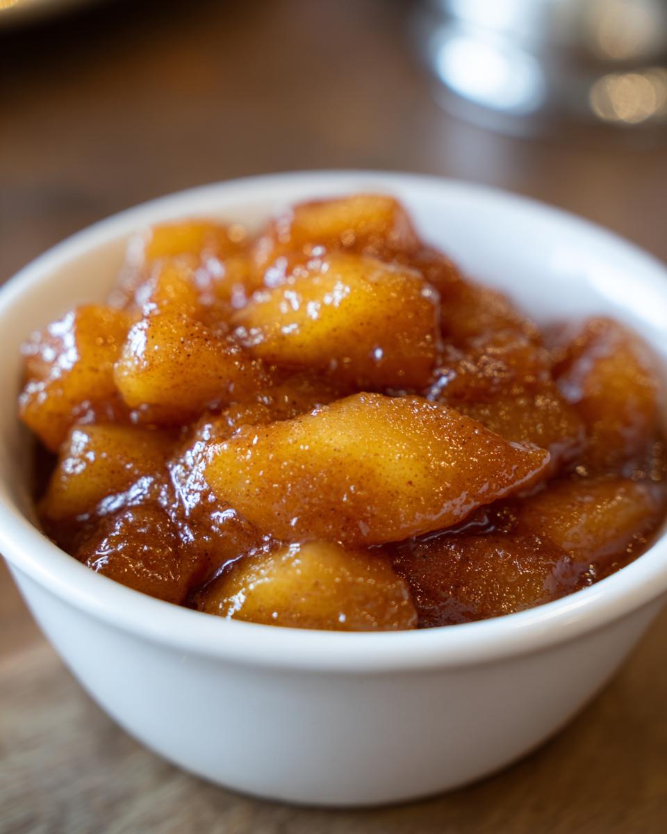 Close-up of chunky, caramelized apple pie filling seasoned with cinnamon in a small white bowl.