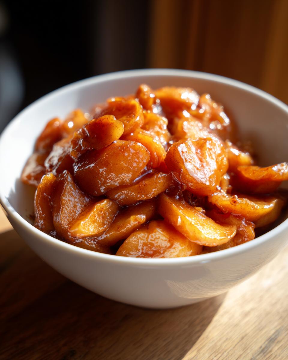 A close-up of glistening, spiced apple pie filling served in a small white bowl.