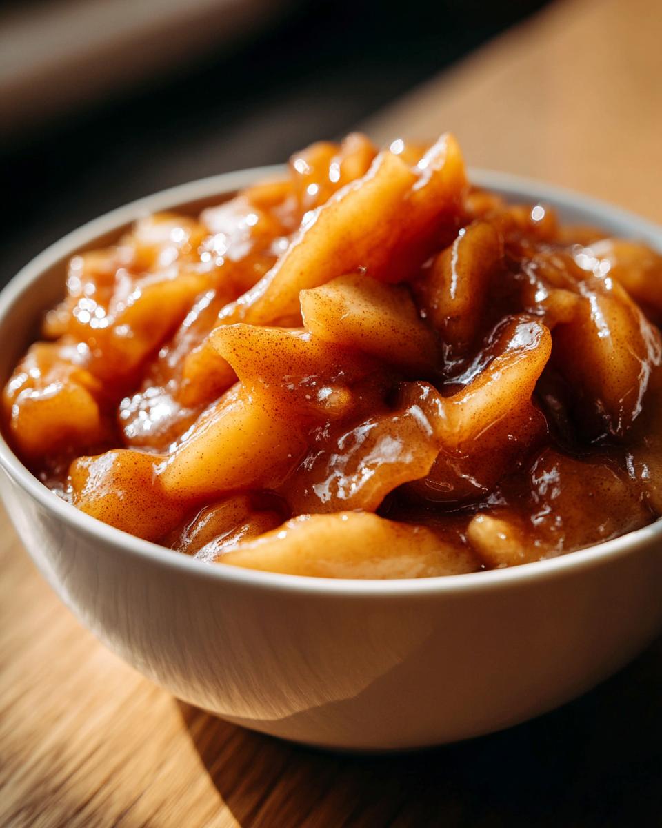 A close-up view of glossy, spiced apple pie filling served in a small white bowl on a wooden surface.