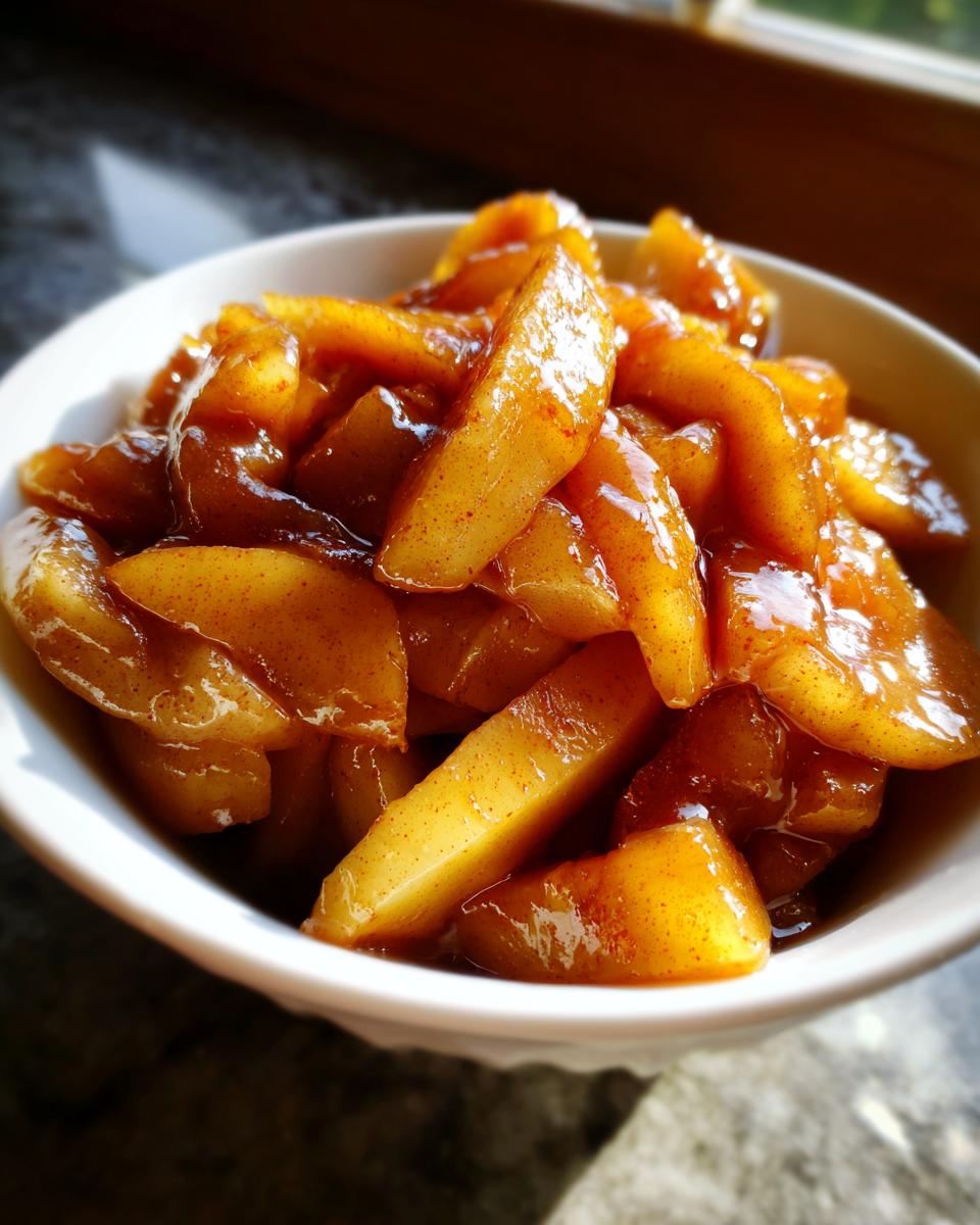 Close-up of glossy, spiced apple pie filling slices in a white bowl, ready to serve.