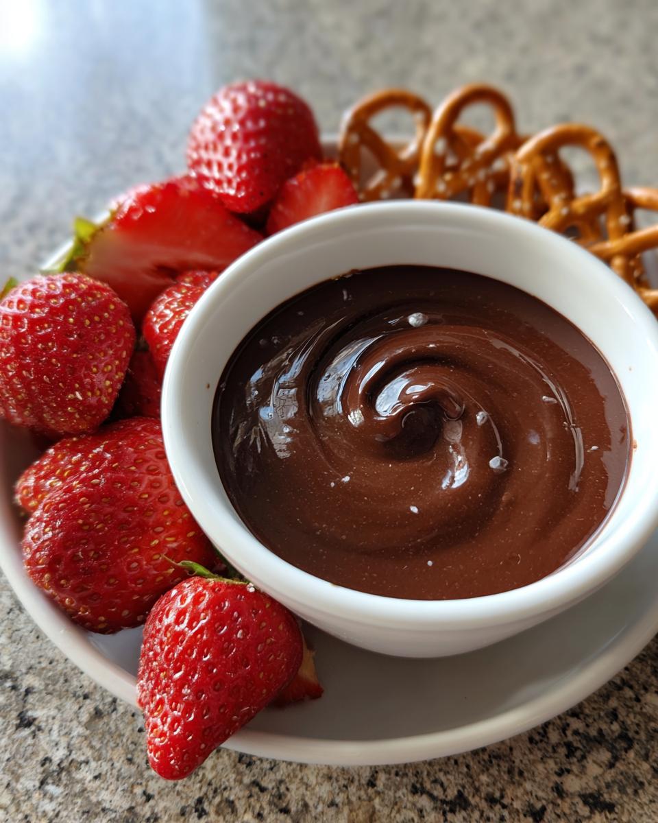 Close-up of a small white bowl filled with rich, swirled chocolate dip, surrounded by fresh strawberries and pretzels.