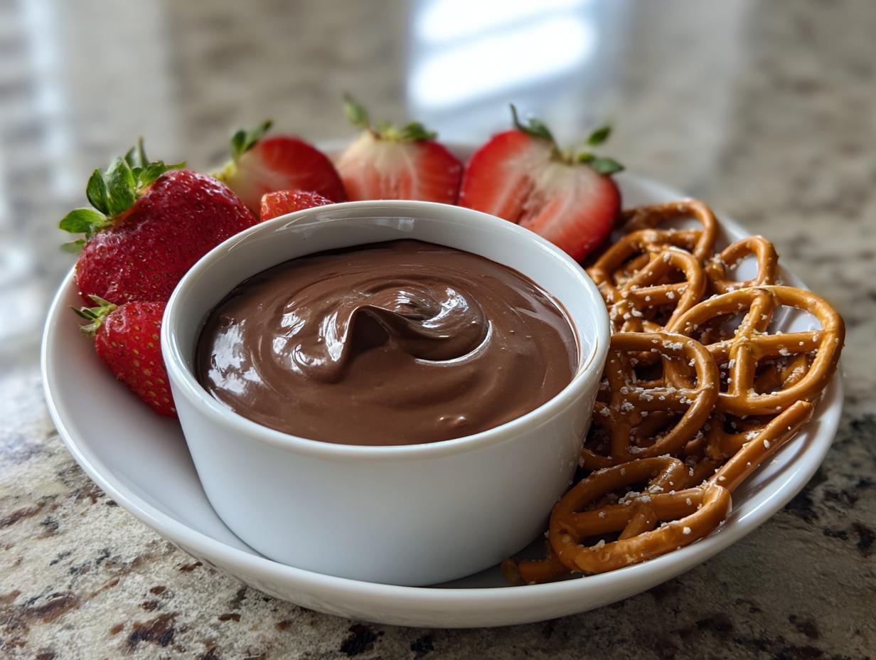 A white bowl filled with smooth chocolate dip served alongside fresh strawberries and salted pretzels.