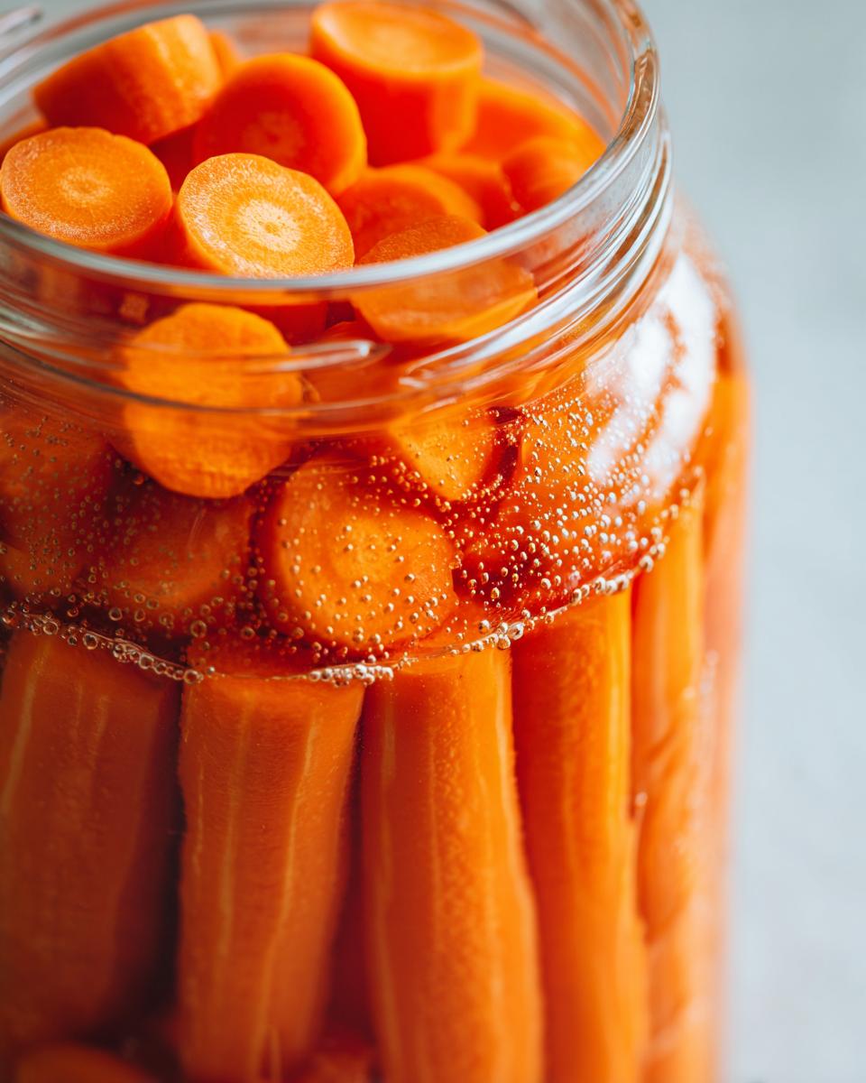 Close-up of bright orange pickled carrots submerged in liquid with small bubbles in a clear glass jar.