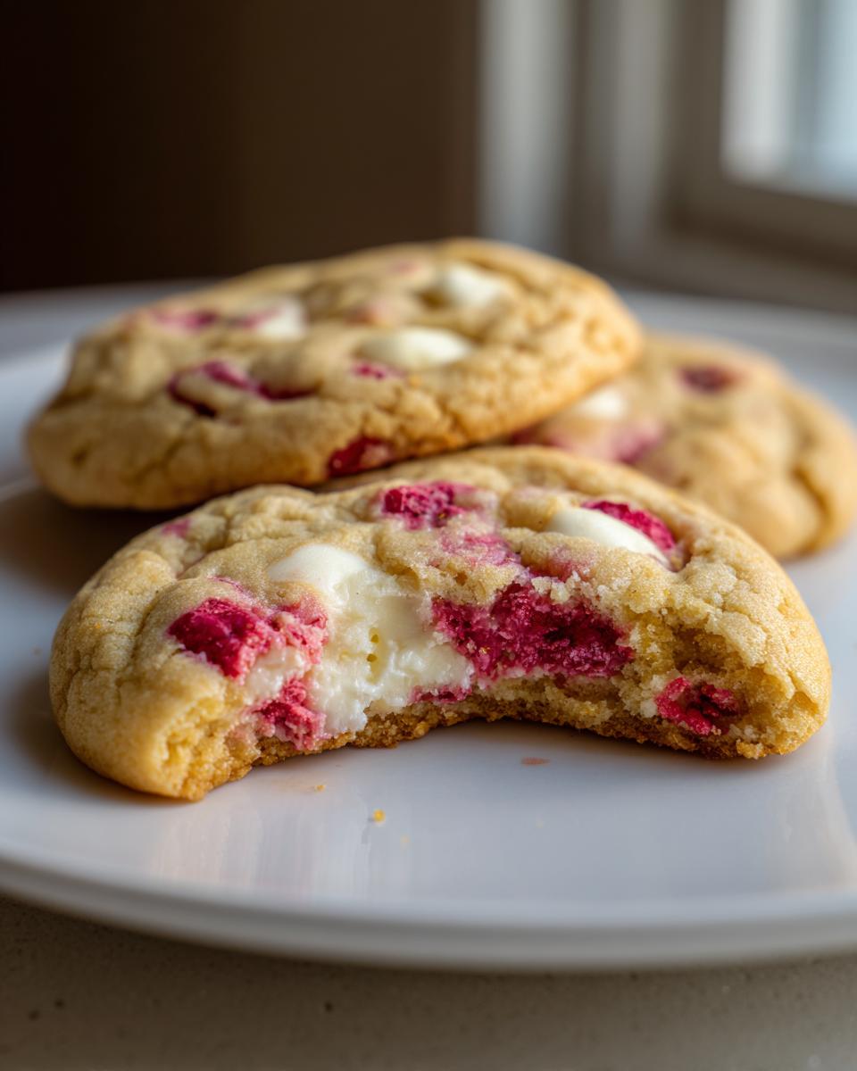 Close-up of a soft raspberry cheesecake cookie with a bite taken out, showing the creamy white center and bright raspberry pieces.