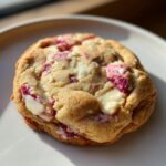 A single, thick raspberry cheesecake cookie with visible chunks of white chocolate and bright pink raspberry swirls, sitting on a light plate.