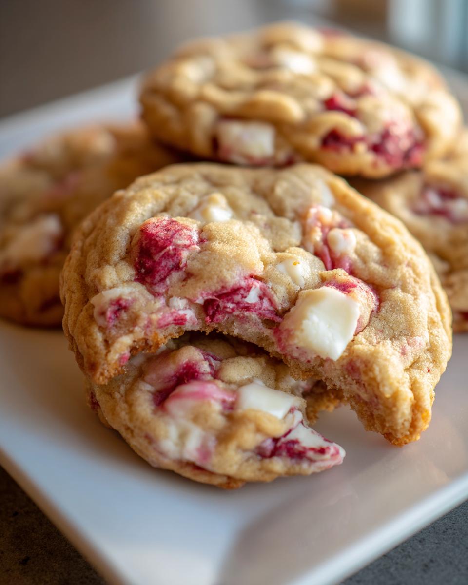 A close-up of soft raspberry cheesecake cookies, one broken open showing the raspberry swirl and white chocolate chunks.