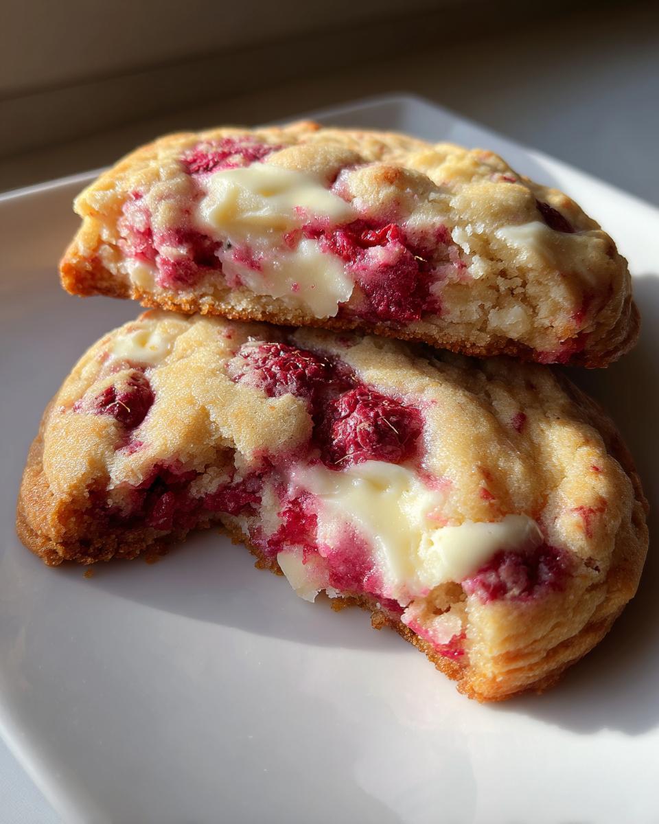 Two halves of a soft raspberry cheesecake cookies stacked, showing melted white chocolate and bright pink raspberry filling.