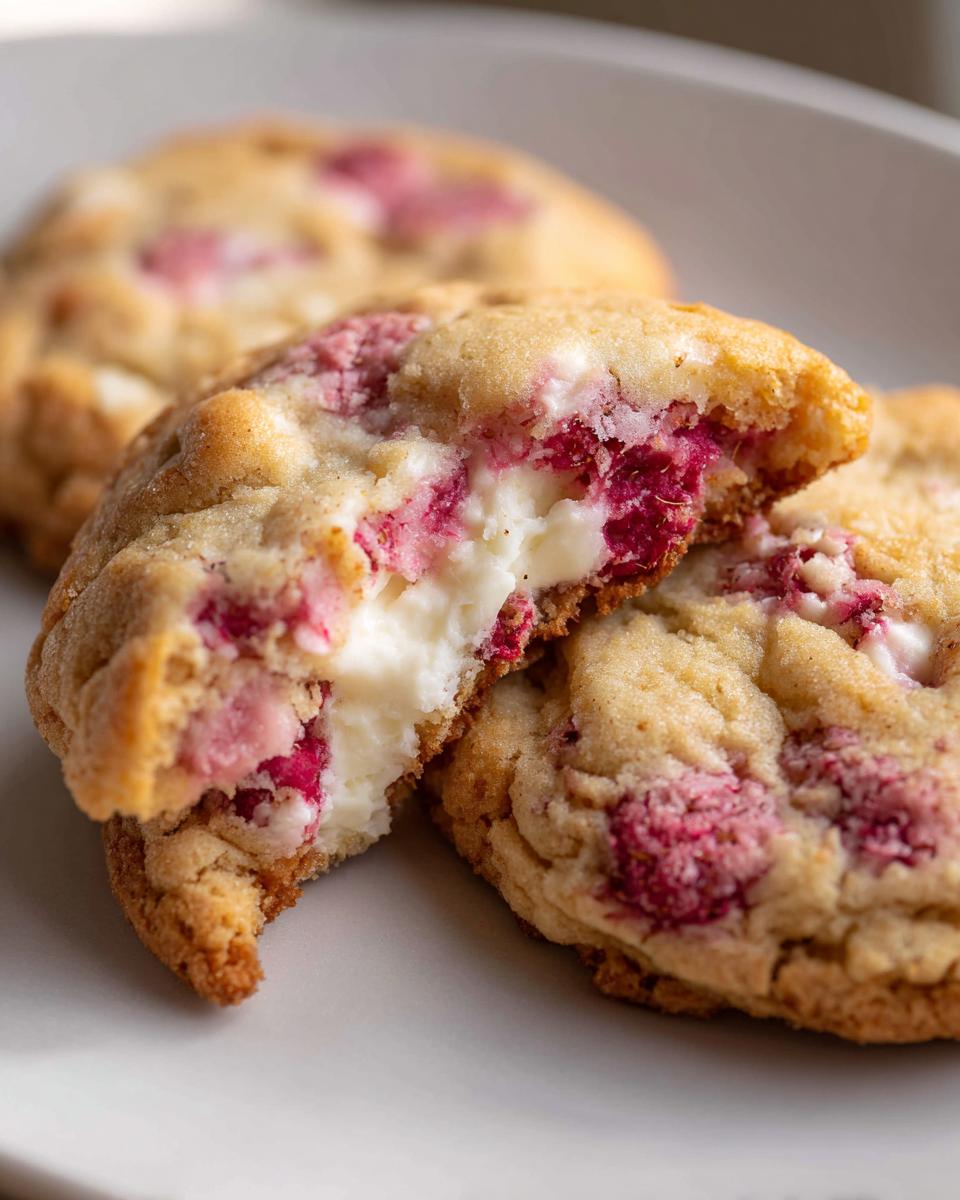 A close-up of a raspberry cheesecake cookie broken in half, revealing a creamy white cheesecake filling and bright pink raspberry pieces.