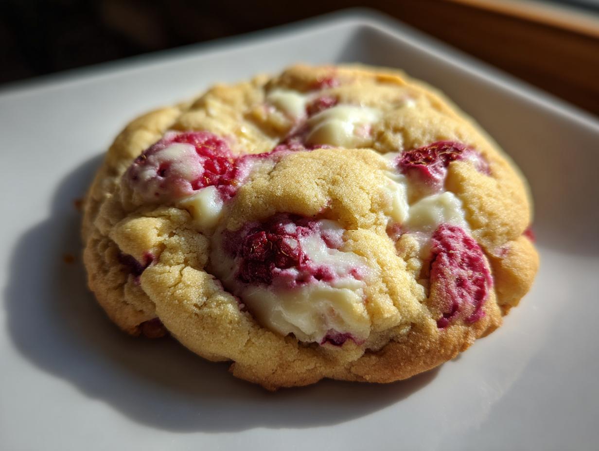 A single, freshly baked raspberry cheesecake cookie featuring bright red raspberry pieces and white chocolate chunks on a white plate.