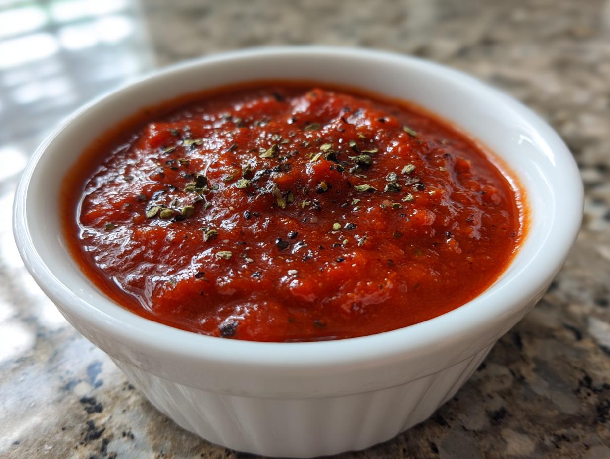 A close-up of vibrant, chunky pizza sauce seasoned with dried herbs, served in a small white ramekin.