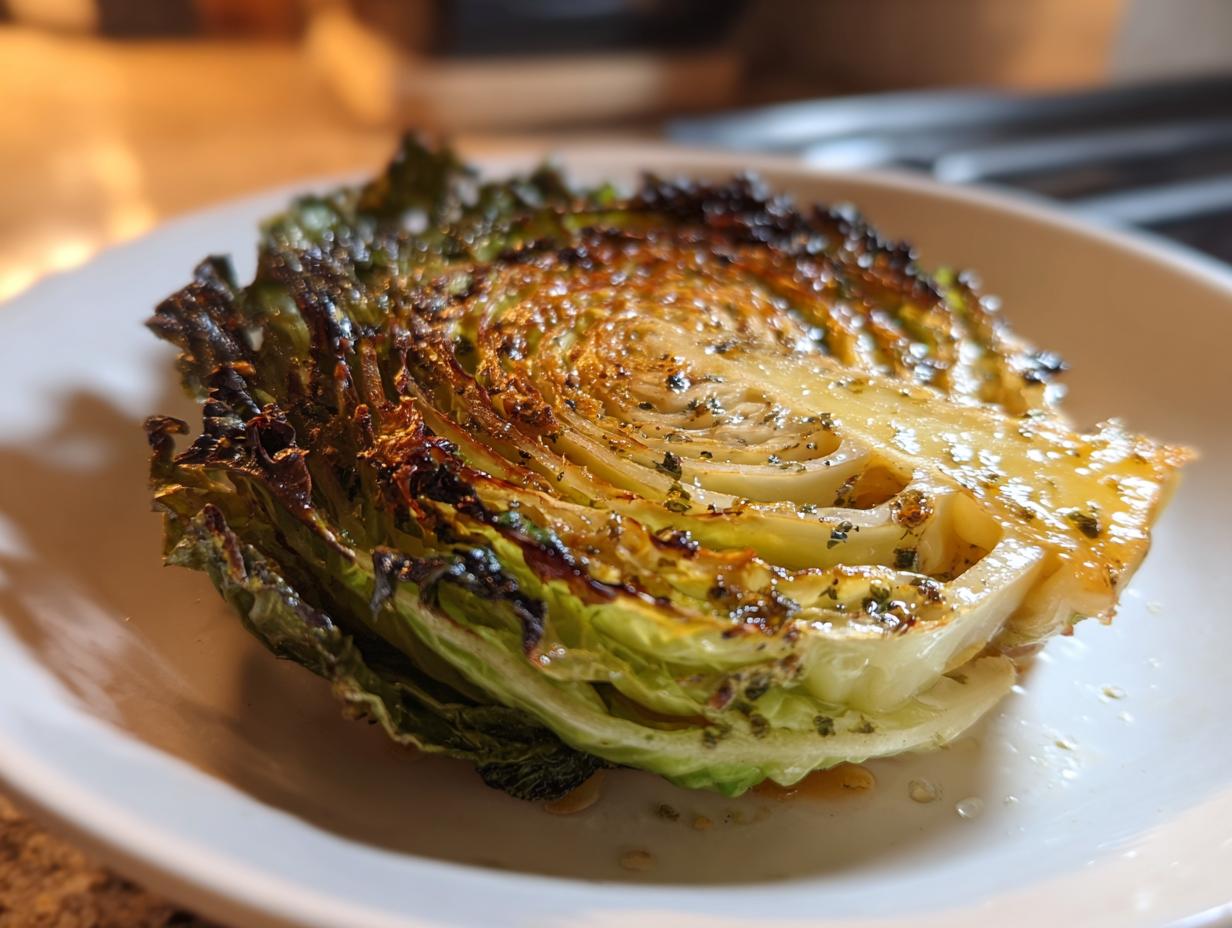 Close-up of a roasted cabbage steak wedge seasoned with herbs, showing charred edges and a glossy glaze.