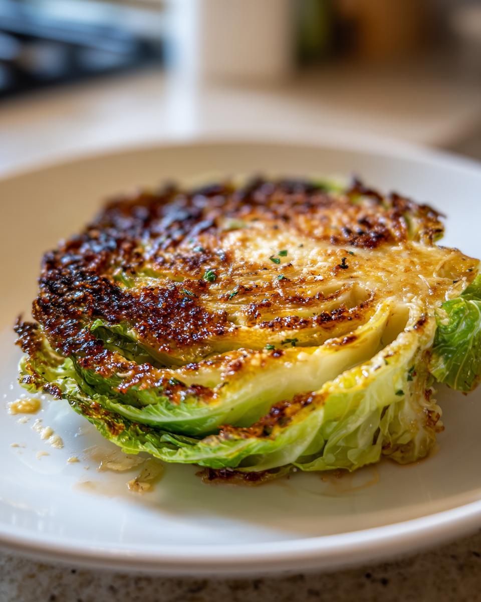 A thick slice of roasted cabbage steak with a beautifully caramelized and browned top, part of an amazing cabbage recipe.