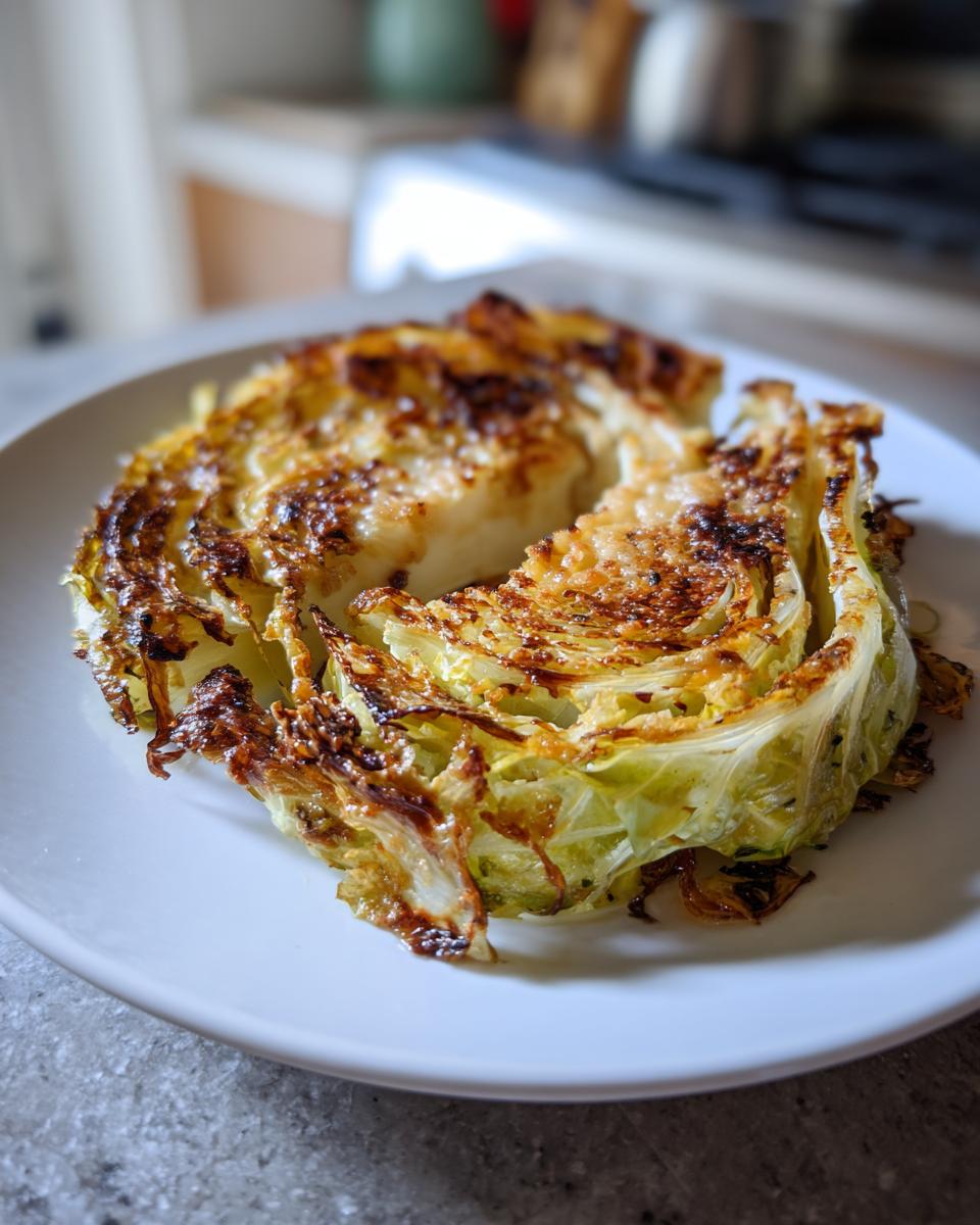 A thick, roasted cabbage steak slice with crispy, browned edges served on a white plate.