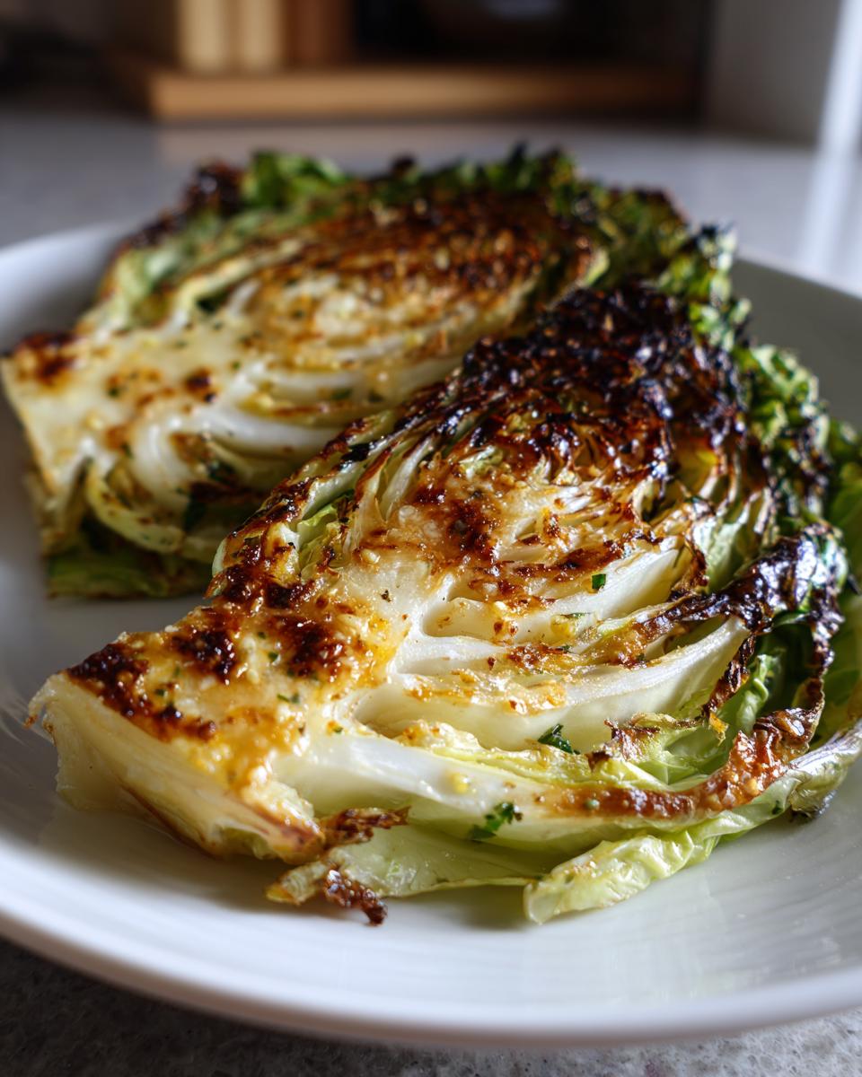 Two wedges of roasted cabbage recipe served on a white plate, showing caramelized, browned edges.