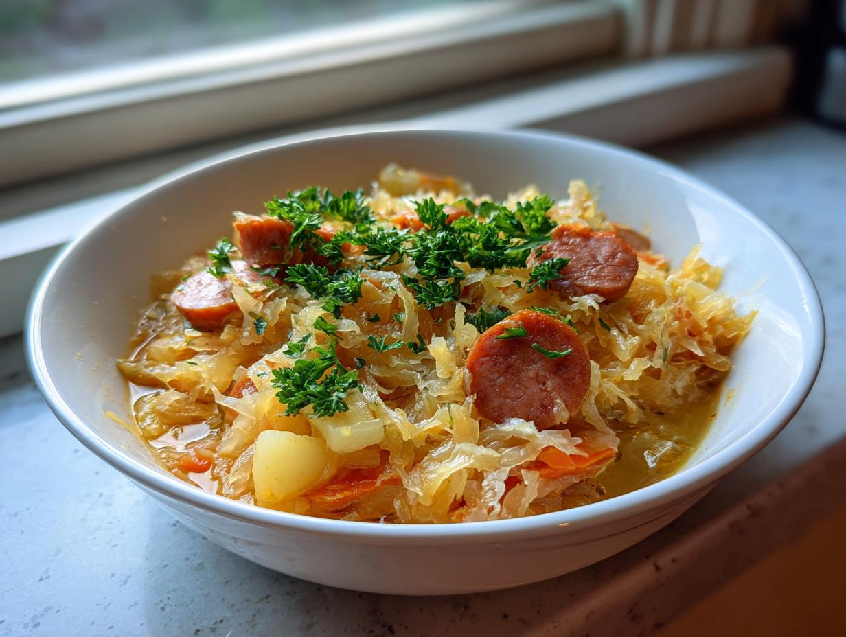 A close-up of a white bowl filled with rich sauerkraut soup, featuring sliced sausage and topped with fresh parsley.