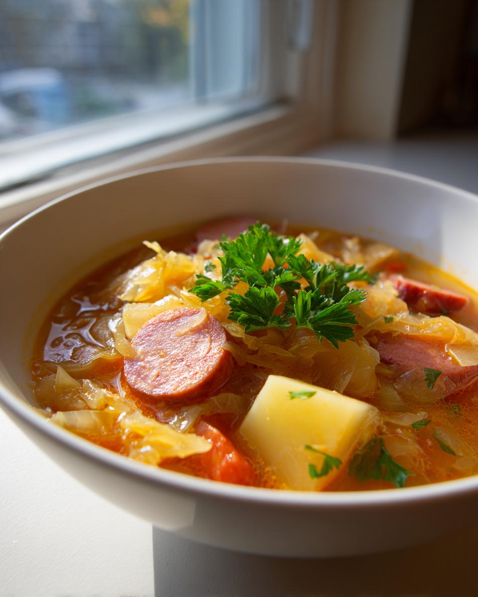 Close-up of a bowl of steaming sauerkraut soup featuring slices of sausage, potatoes, and fresh parsley garnish.