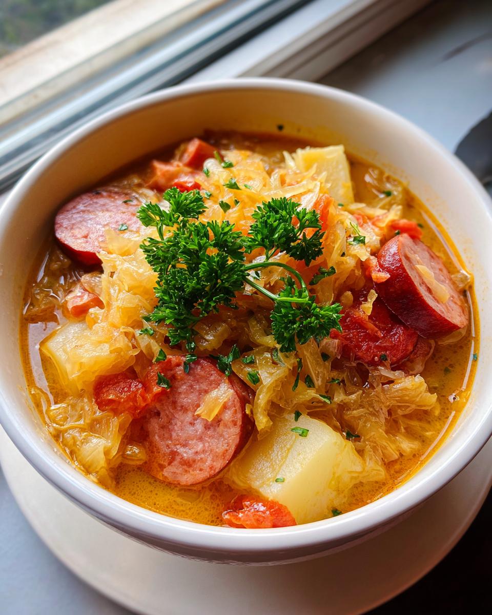 Close-up of a steaming bowl of sauerkraut soup featuring sliced sausage, potatoes, and garnished with fresh parsley.
