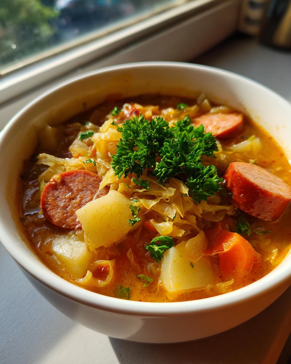 A close-up of a bowl of rich sauerkraut soup featuring slices of smoked sausage, potatoes, carrots, and topped with fresh parsley.