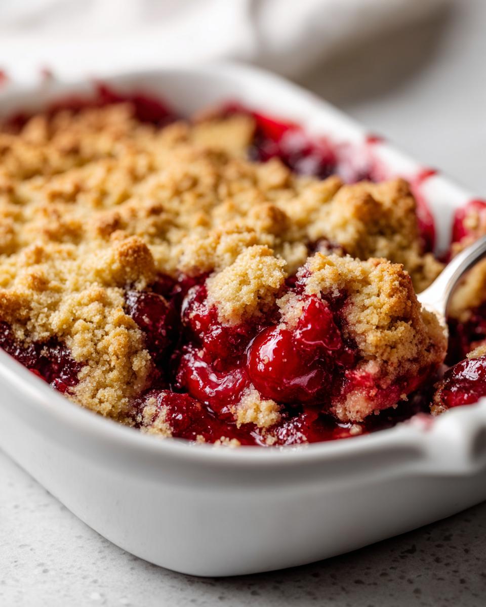 Close-up of a spoonful being taken from a warm 3 ingredient cherry dump cake, showing bright red cherries and crumb topping.