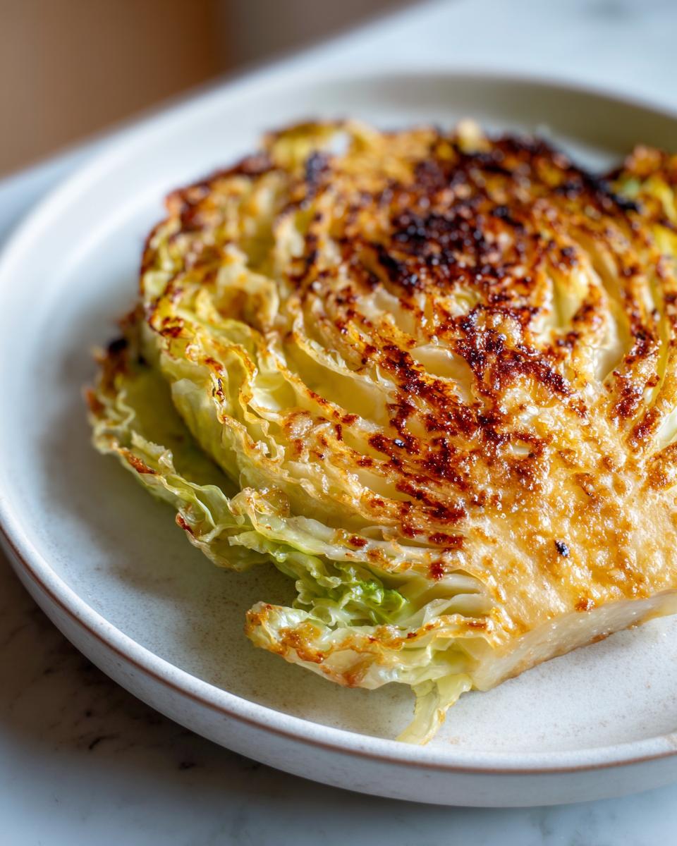Close-up of a perfectly seared wedge of cabbage, showing caramelized brown edges, part of an amazing cabbage recipe.