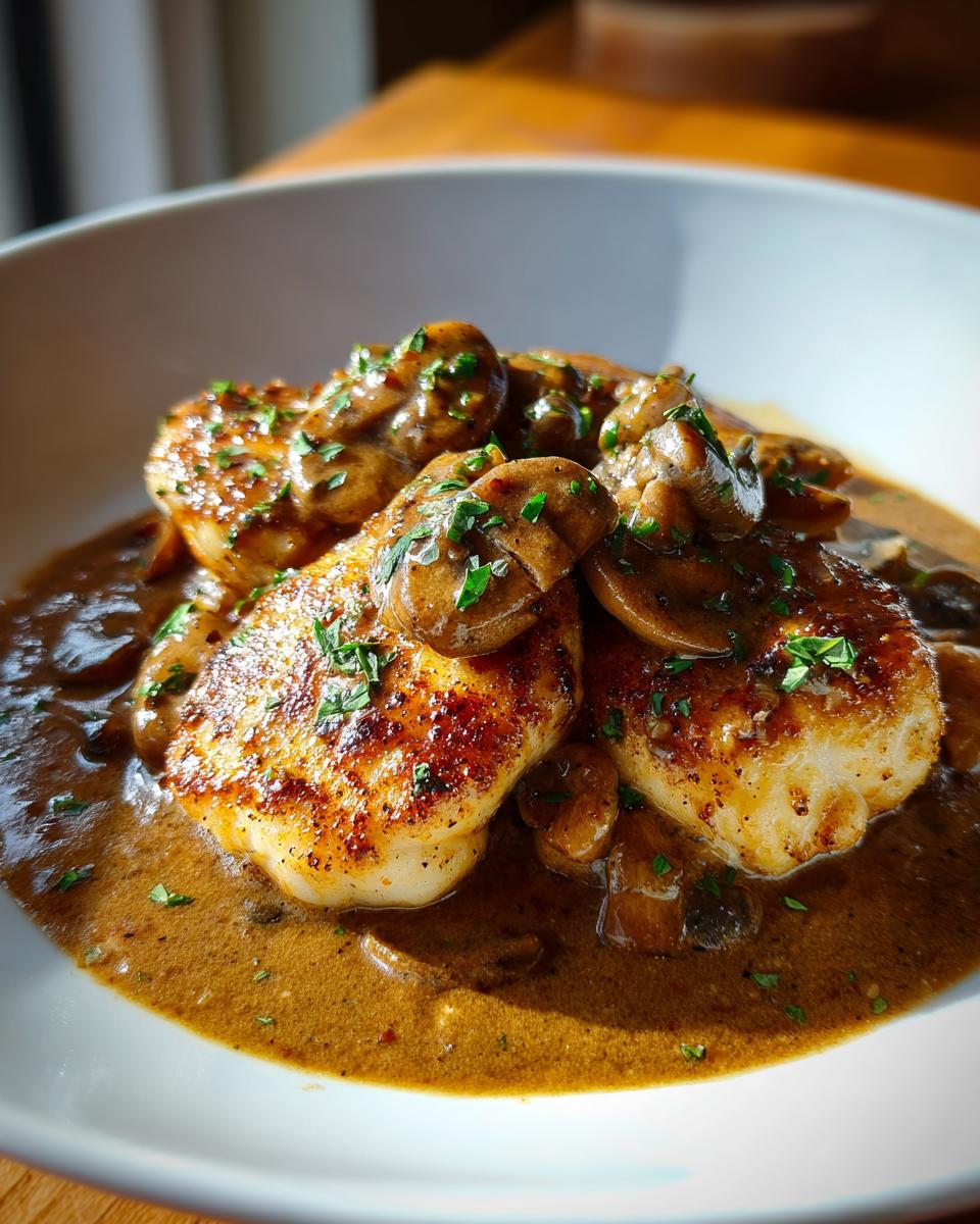 Close-up of perfectly seared chicken marsala fillets swimming in a rich, brown mushroom sauce and topped with fresh parsley.