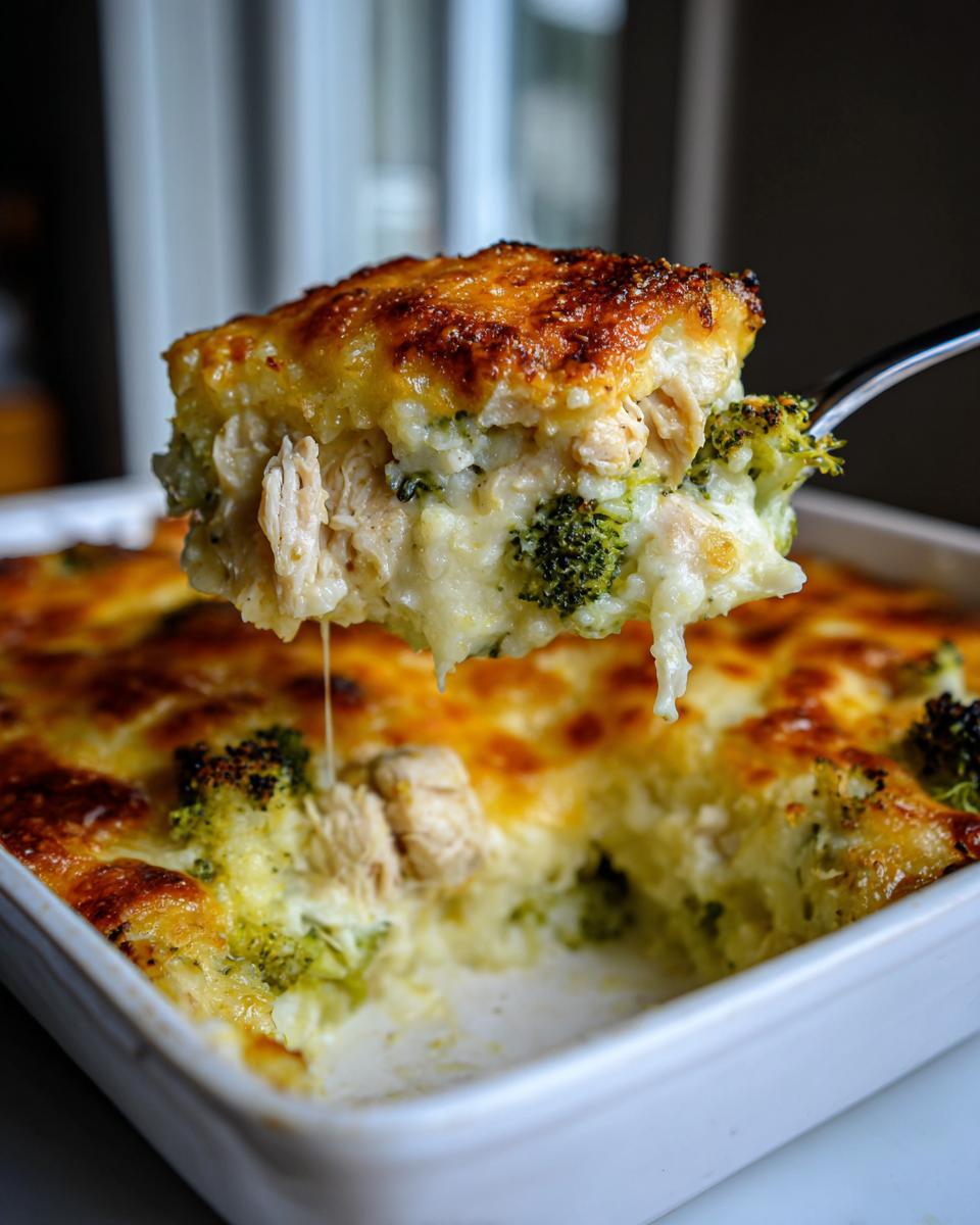 A spoonful of cheesy chicken cauliflower rice casserole lifted from a white baking dish, showing melted cheese and broccoli.
