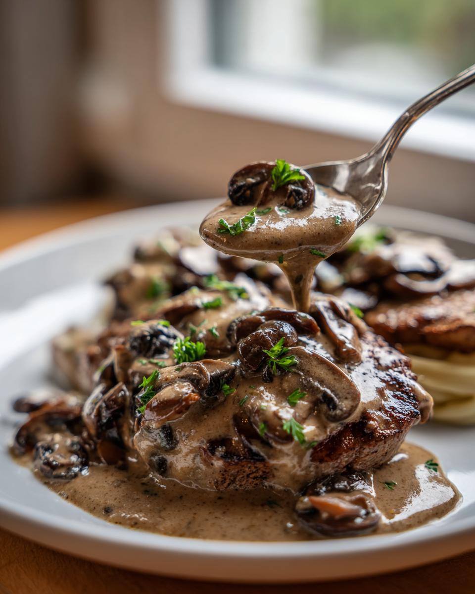 A spoonful of creamy mushroom sauce with sliced mushrooms is being poured over seared meat, highlighting the amazing mushroom sauce.