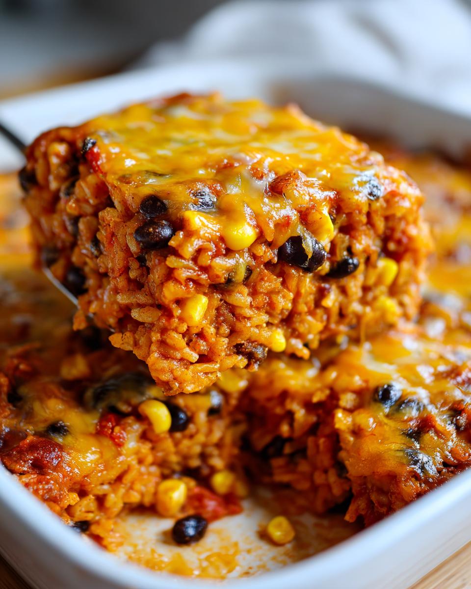 A spoonful of cheesy Mexican rice casserole, rich with black beans and corn, being lifted from the baking dish.
