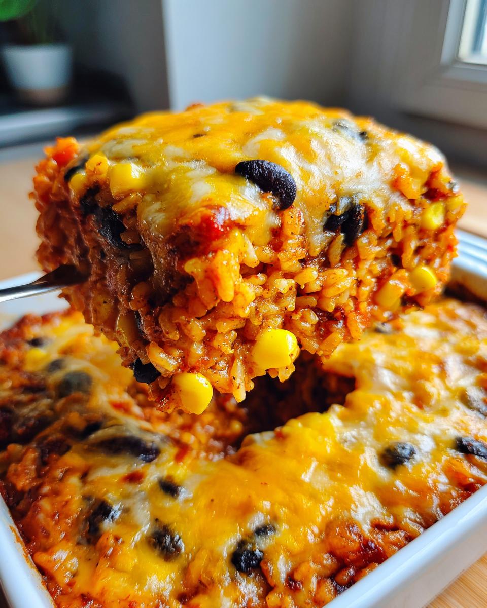 A serving spoon lifts a cheesy portion of Mexican rice casserole containing black beans and corn from a white baking dish.
