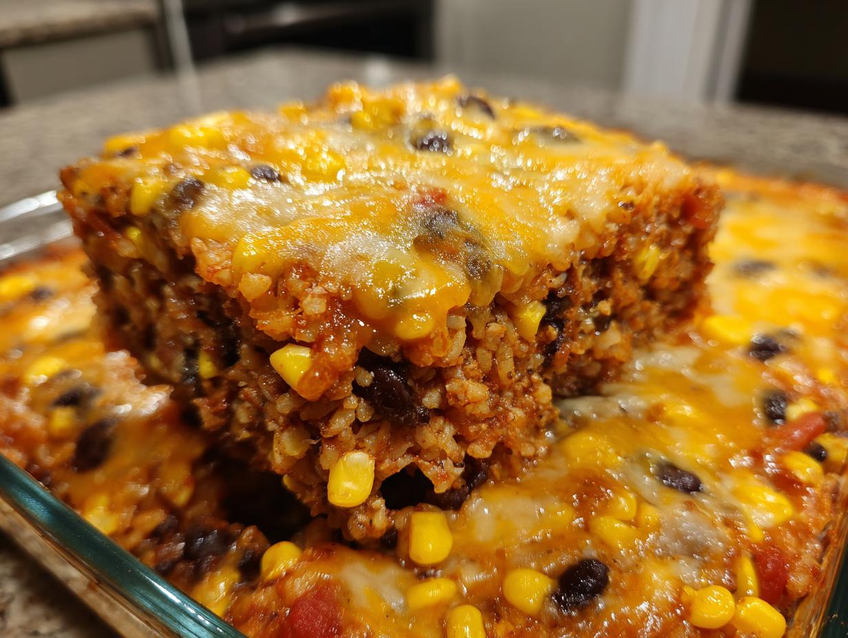 Close-up of a serving slice lifted from a baked Mexican rice casserole topped with melted cheddar cheese, corn, and black beans.