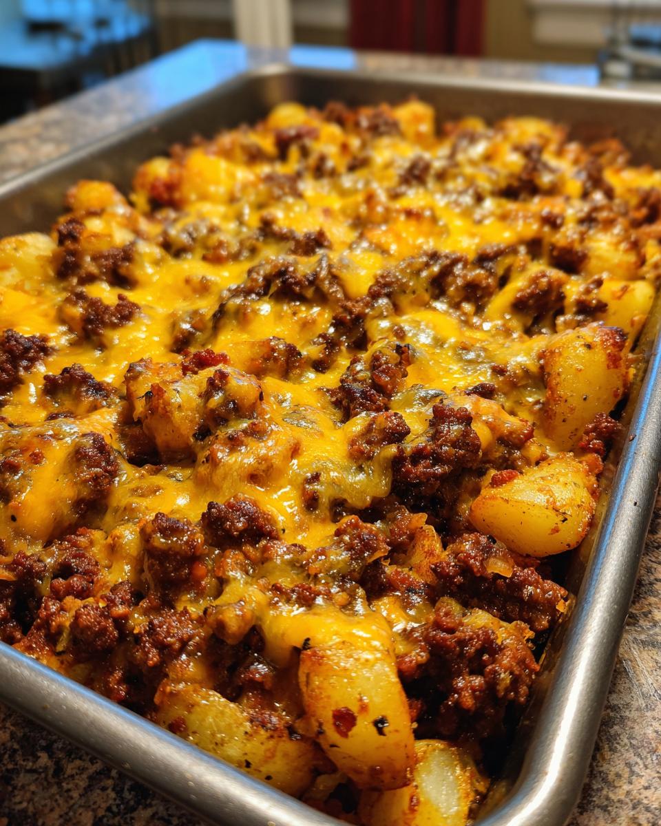 Close-up of a sheet pan filled with Cheesy Taco Potatoes, featuring seasoned ground beef and melted cheddar cheese.