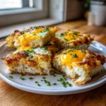 Close-up of baked sheet pan eggs served on fluffy bread squares, topped with melted cheese and fresh chives.