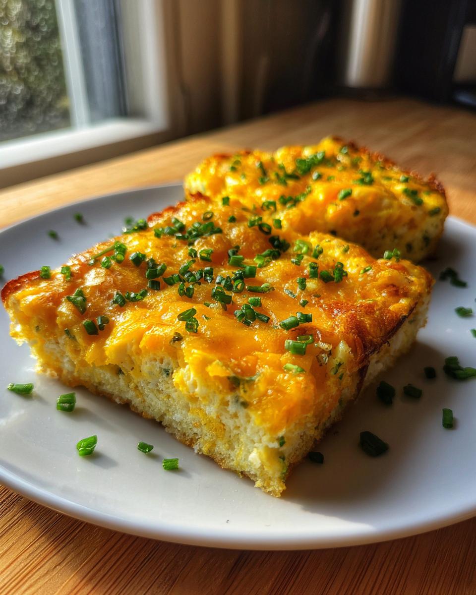 A close-up of a square slice of baked sheet pan eggs topped with melted cheddar cheese and fresh chives.